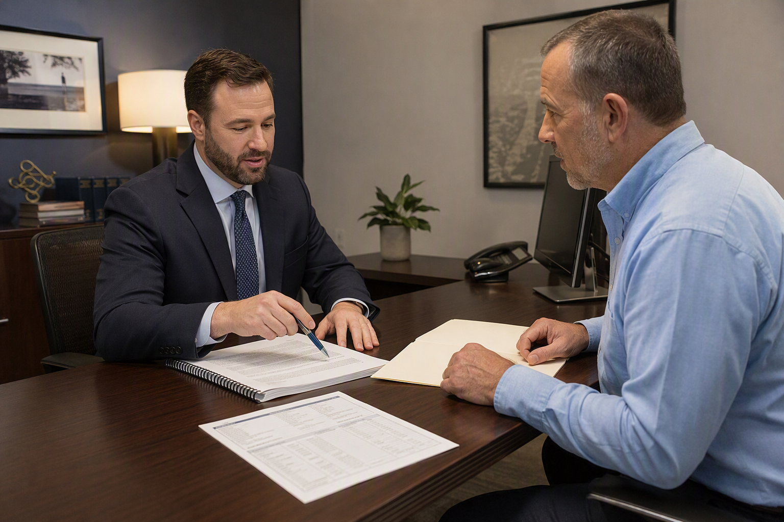 Commercial lender and building manager reviewing SBA elevator financing loan documents at a desk, discussing funding options for a commercial elevator modernization project