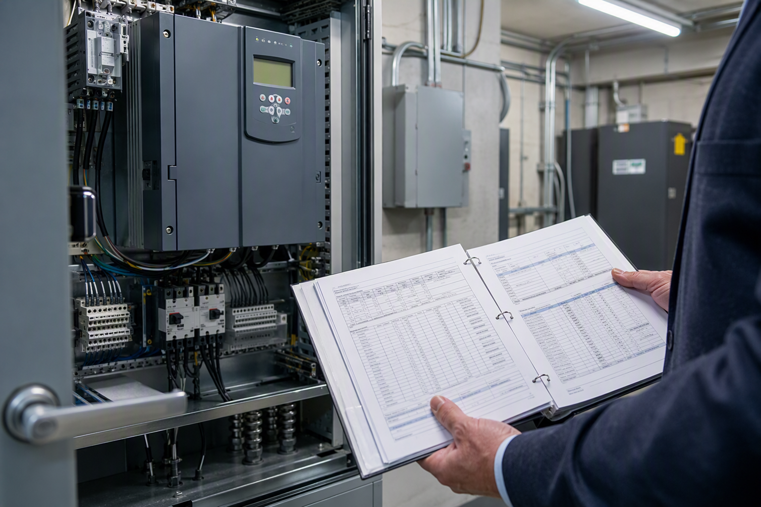 PACE Financing and Elevator Equipment Upgrades Property manager reviewing PACE financing repayment documents beside a modern elevator VFD controller in a commercial building machine room in Baltimore or Philadelphia