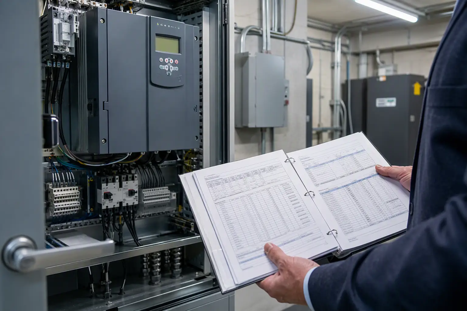 Property manager reviewing PACE financing repayment documents beside a modern elevator VFD controller in a commercial building machine room in Baltimore or Philadelphia