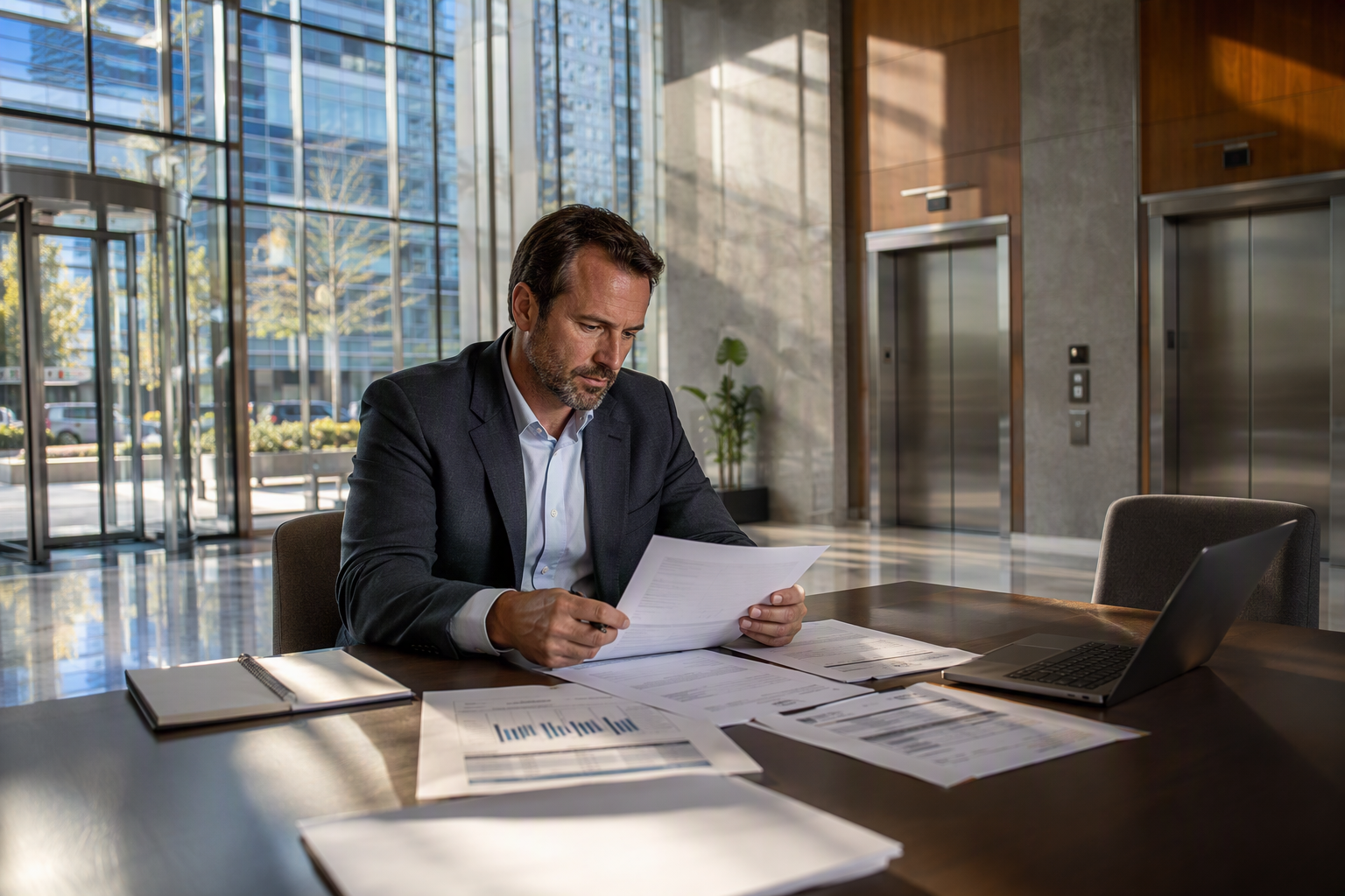 Building owner reviewing elevator modernization financing documents in a Washington DC commercial office lobby with stainless elevator doors visible in the background