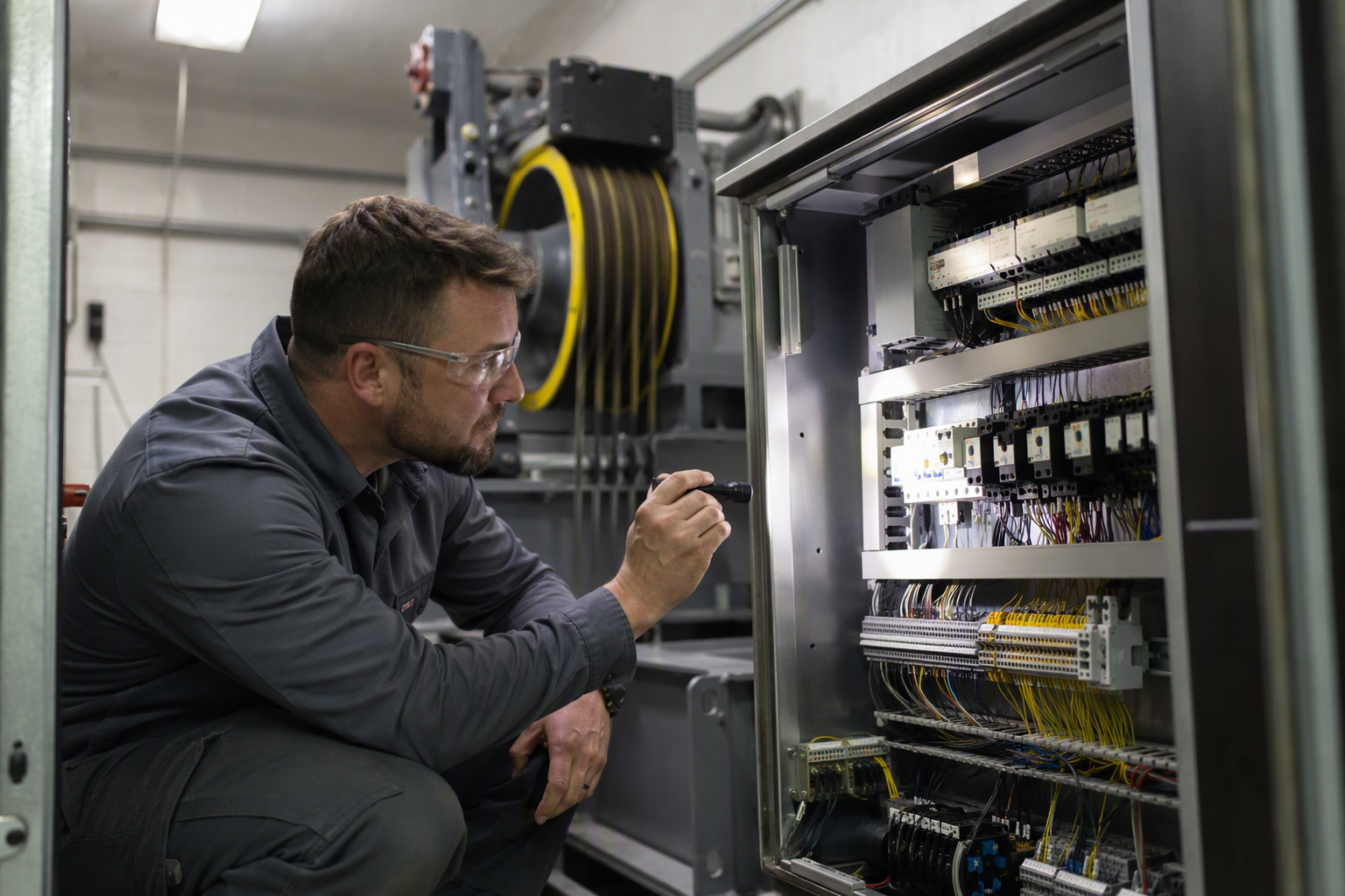 Elevator mechanic inspecting controller components in a machine room — the type of repair covered under a full maintenance elevator contract