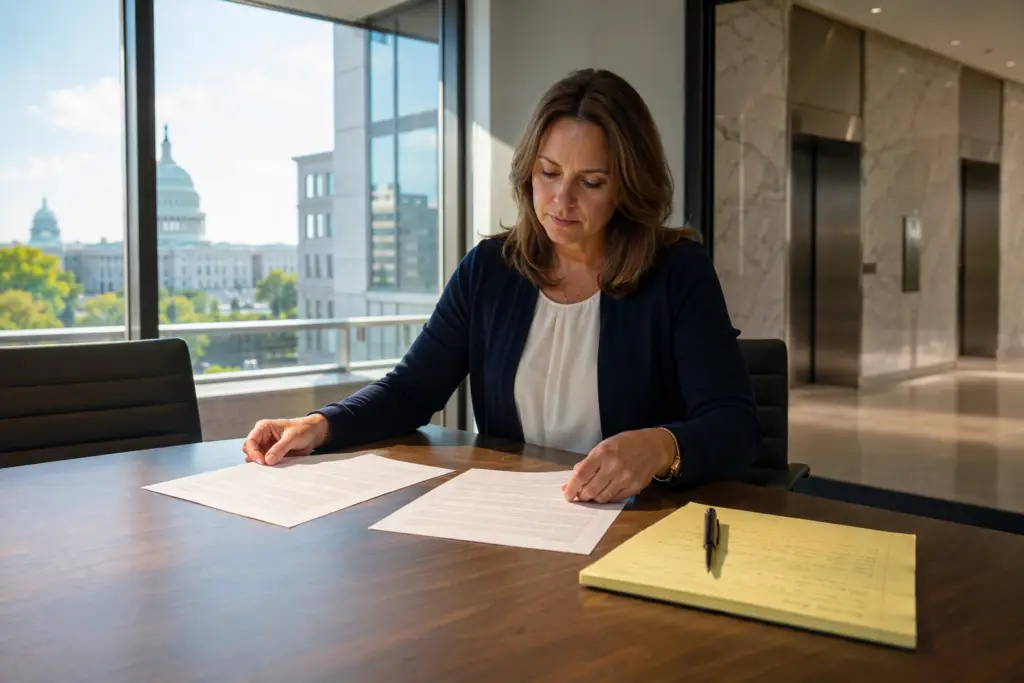Property manager comparing a full maintenance elevator contract and a parts and labor elevator contract at a conference table in a Washington DC office building