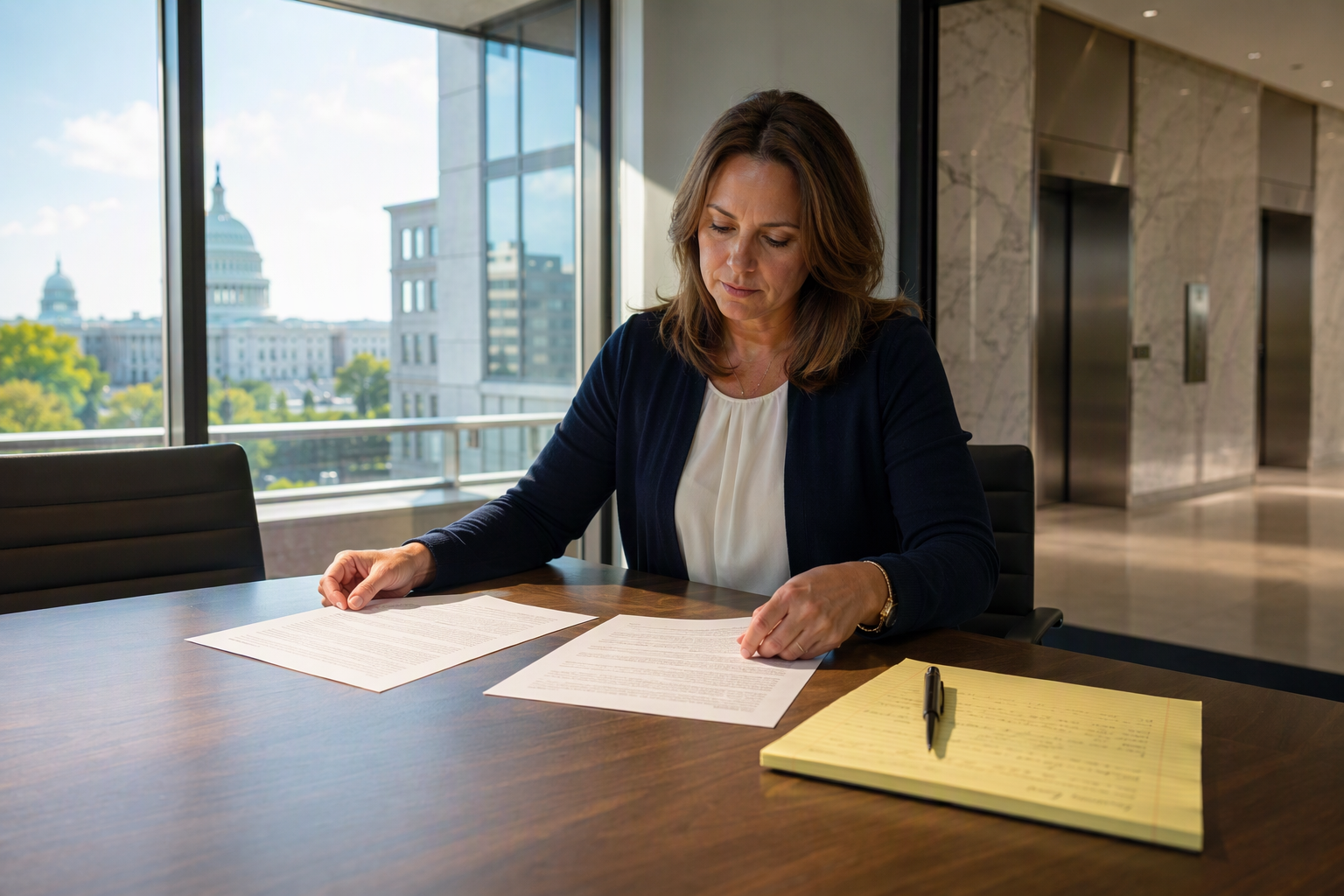 Property manager comparing a full maintenance elevator contract and a parts and labor elevator contract at a conference table in a Washington DC office building