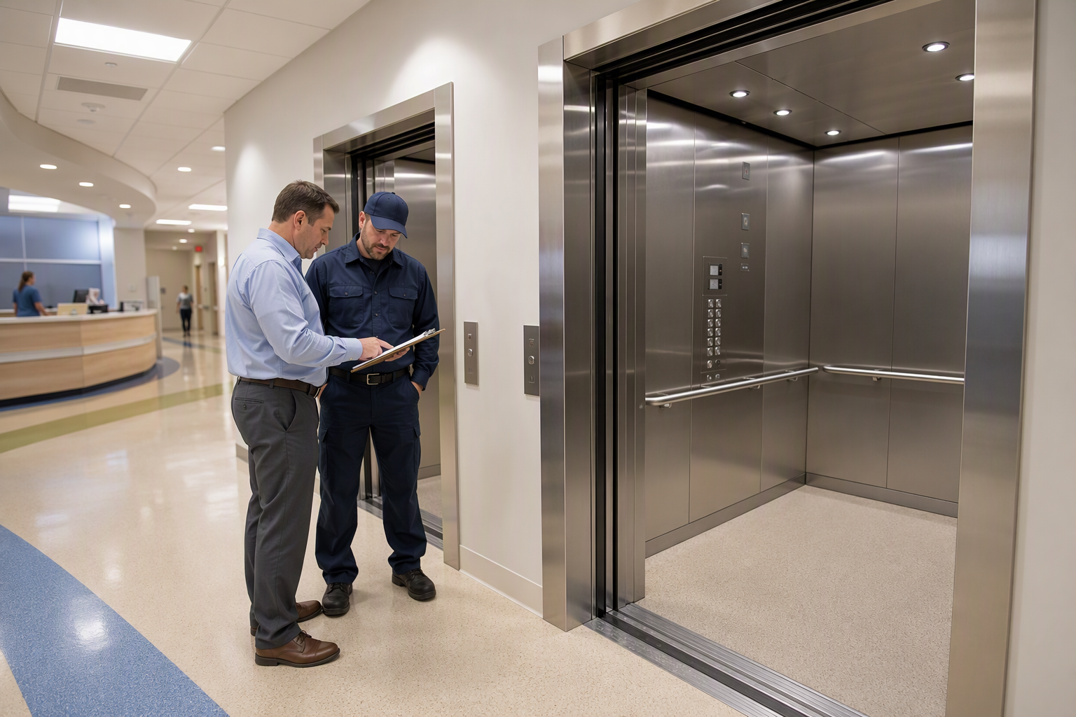 Hospital Elevator Compliance Inspection Hospital elevator compliance inspection — facilities manager and elevator technician review ASME A17.1 inspection paperwork outside ADA-compliant hospital elevator in a Washington DC medical facility.