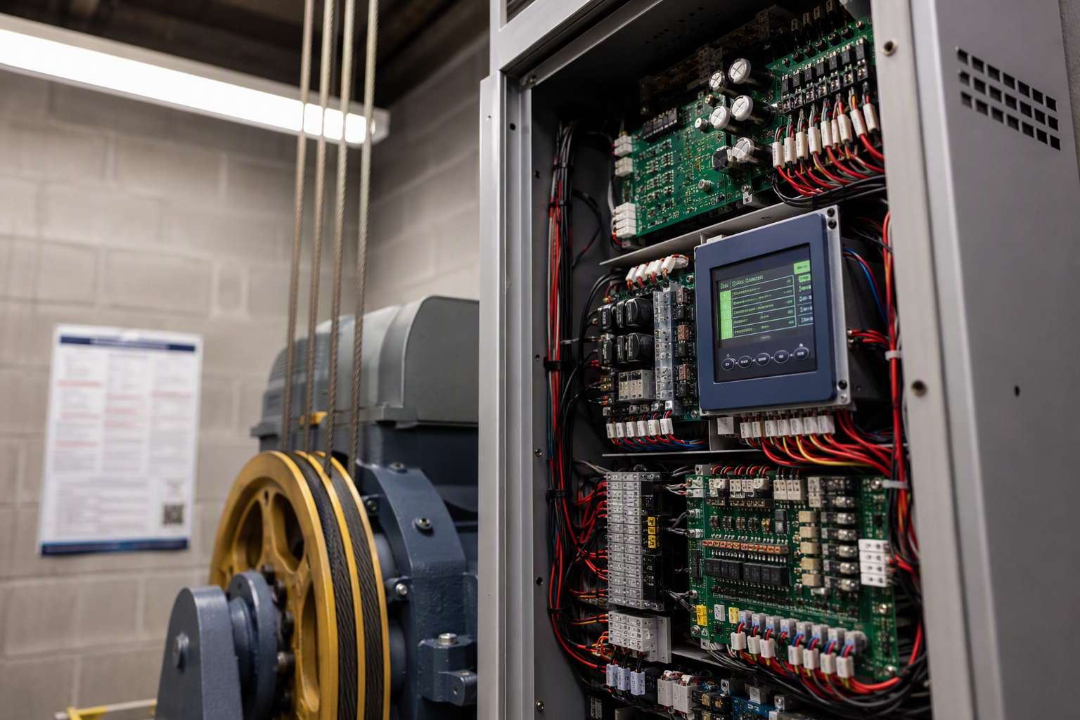 Elevator Machine Room Equipment — Healthcare Compliance Hospital elevator machine room controller and traction equipment subject to ASME A17.1 and OSHA lockout/tagout compliance requirements for healthcare facility elevator maintenance.