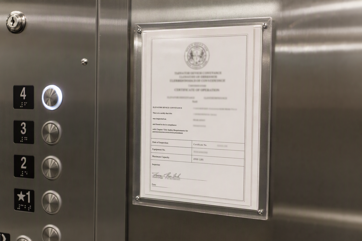 Elevator Inspection Certificate — State AHJ Requirement State elevator inspection certificate displayed inside a hospital elevator cab, required by AHJ regulations in Maryland, Virginia, Pennsylvania, and Washington DC for healthcare facility elevator comp