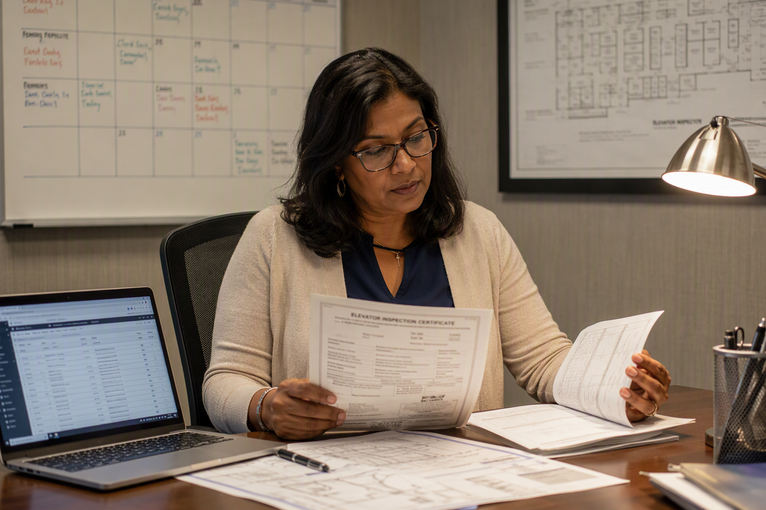 Elevator Compliance Documentation Review Hotel facility manager reviewing elevator inspection certificate and compliance checklist at a desk in a Baltimore hospitality property management office