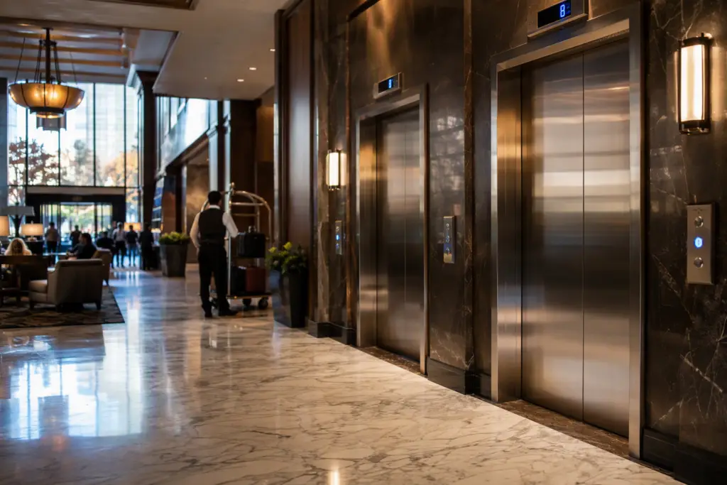 Hotel elevator bank with brushed-stainless doors and digital floor indicators in a Washington DC mid-scale hospitality property lobby during afternoon check-in