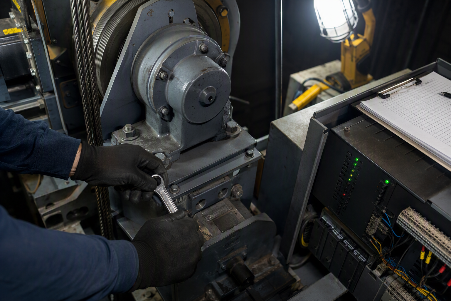 Hotel Elevator Preventive Maintenance Elevator technician performing preventive maintenance on traction machine and controller inside a hotel machine room in Philadelphia PA