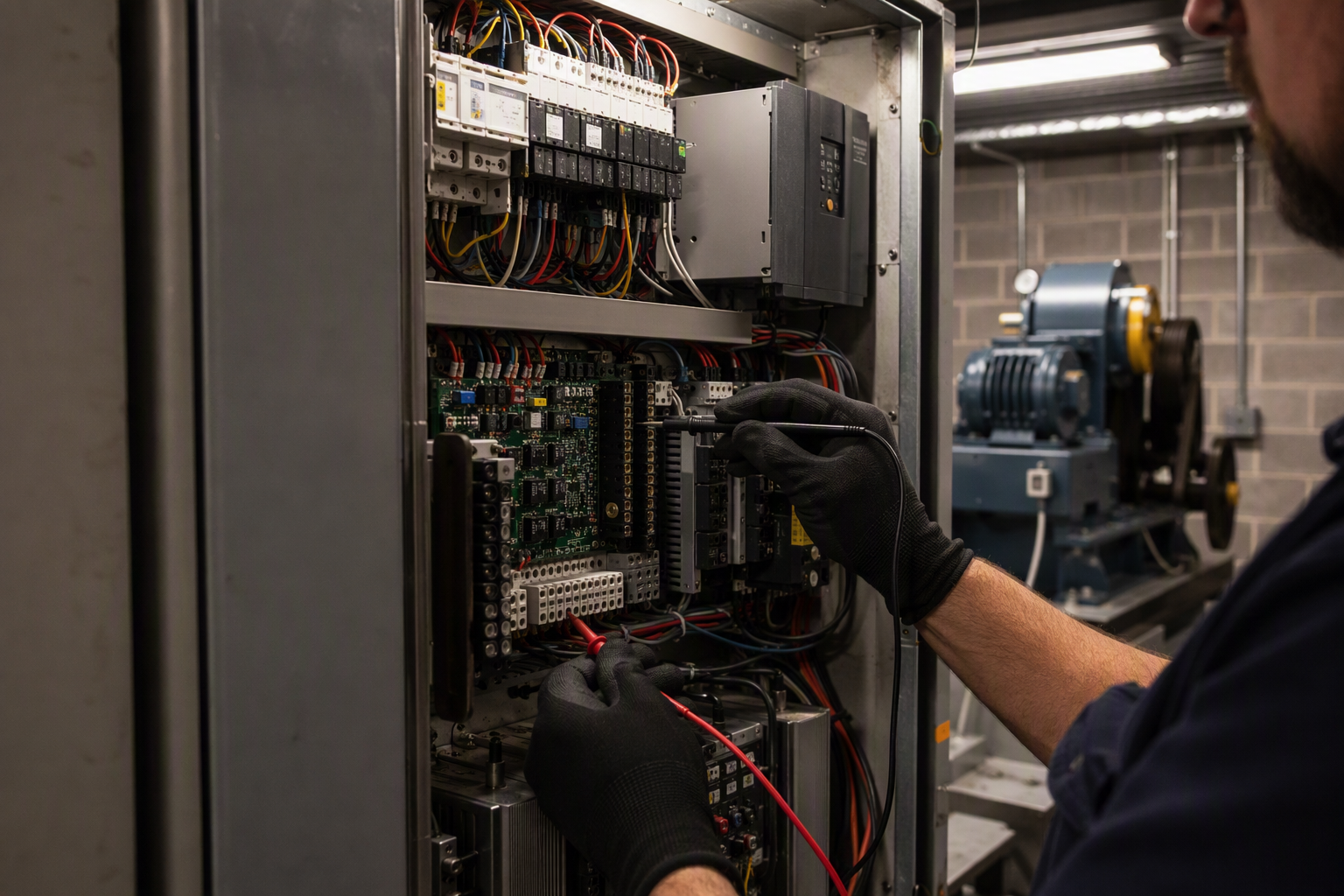 Machine Room Controller Inspection Elevator controller cabinet open during preventive maintenance inspection inside a Baltimore commercial building machine room