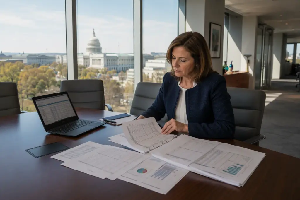 Facility director reviewing elevator maintenance and capital repair budget documents at a conference table in a Washington DC office building