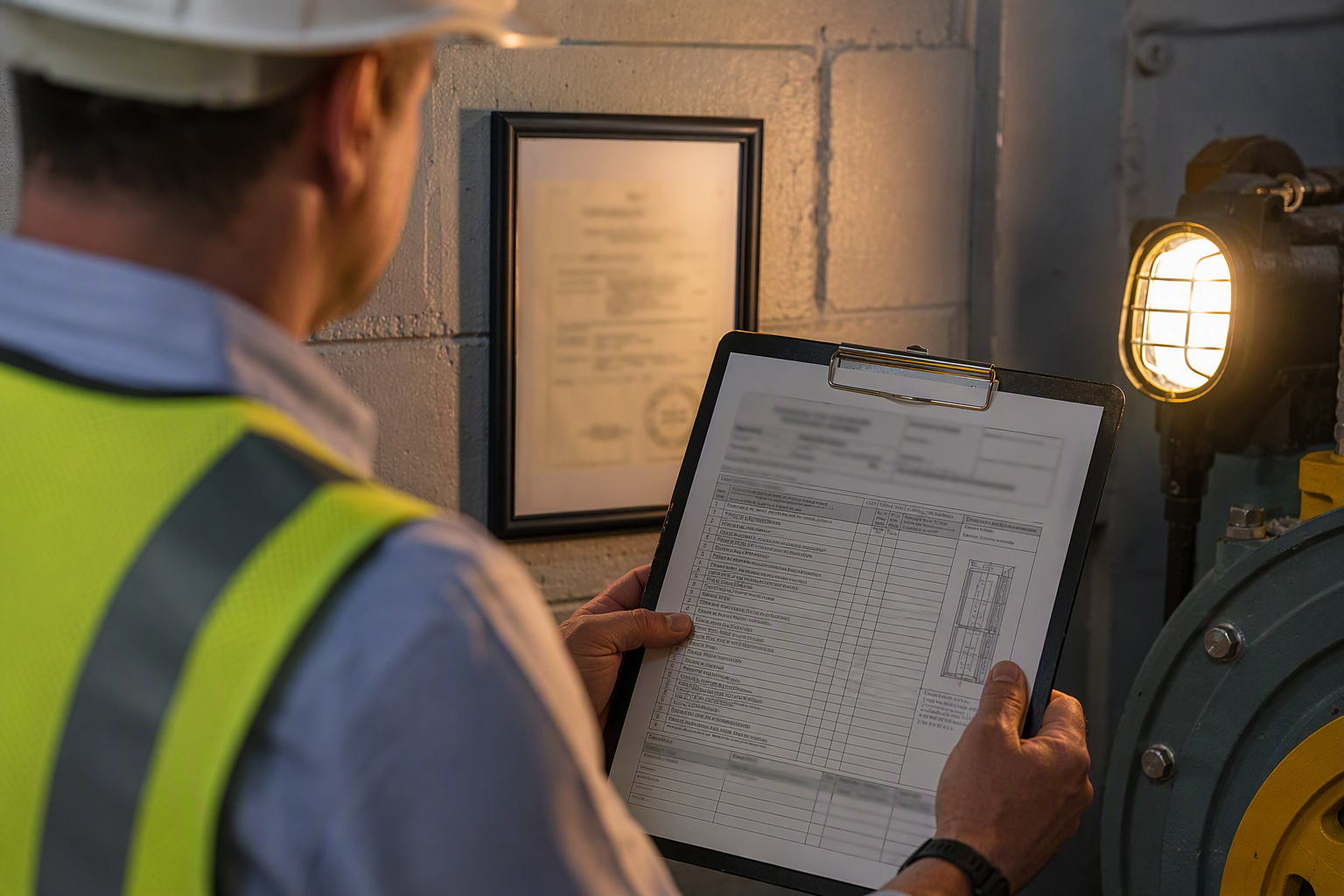 Annual Elevator Inspection Compliance Review Building engineer reviewing elevator annual inspection certificate and compliance checklist in a Philadelphia residential tower machine room