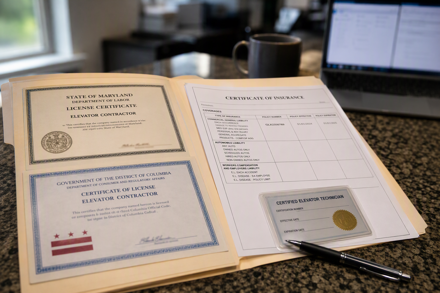 Verifying Elevator Contractor Licenses and Insurance Elevator contractor license certificates, certificate of insurance, and technician credentials laid out on a building manager's desk when vetting an elevator service company