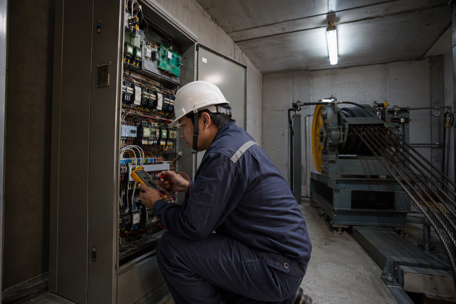 Machine Room Equipment Inspection for Code Compliance Elevator technician inspecting a commercial building machine room controller cabinet to ensure ASME A17.1 code compliance during a service evaluation