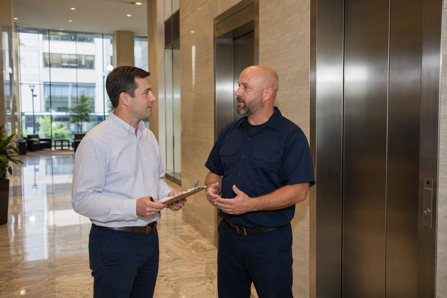 Evaluating an Elevator Service Company On-Site Property manager and elevator service technician reviewing maintenance contract documents in a commercial office building lobby in Baltimore, evaluating elevator service company credentials