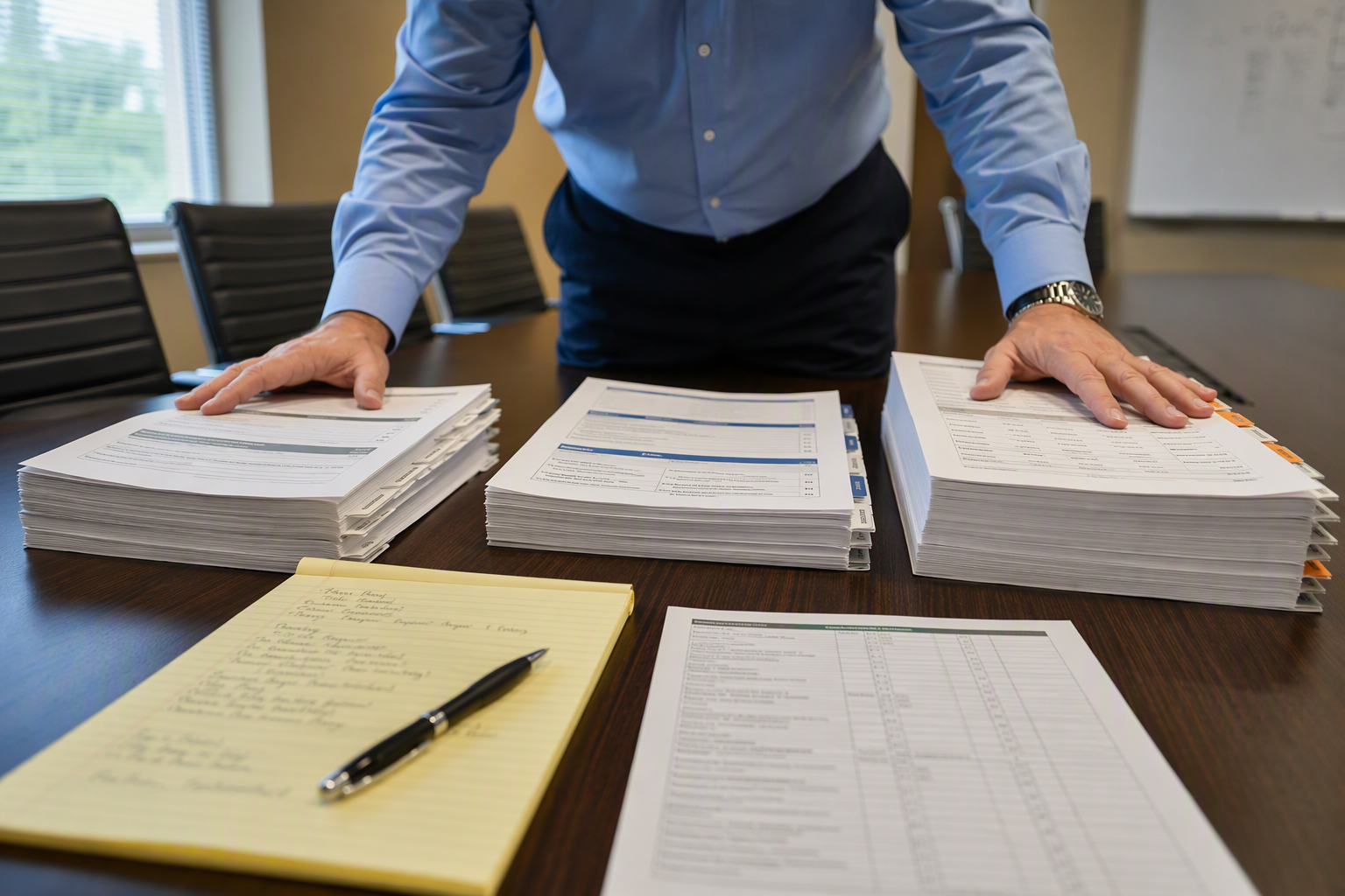 Three itemized elevator maintenance proposals laid side by side on a conference table for fair bid comparison, with a compliance checklist and handwritten evaluation notes.