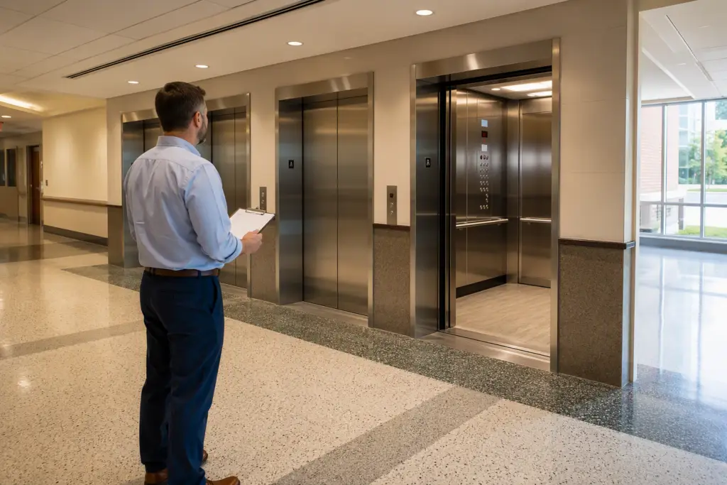 Hospital facilities manager reviewing elevator service bid documents in front of a stainless-steel elevator bank in a Baltimore-area healthcare facility.