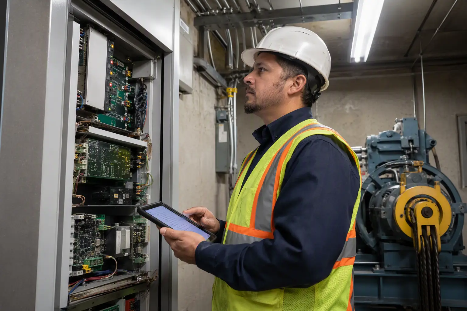 Elevator technician reviewing digital maintenance log beside a controller panel in a hospital machine room during a service inspection in the Washington DC region.