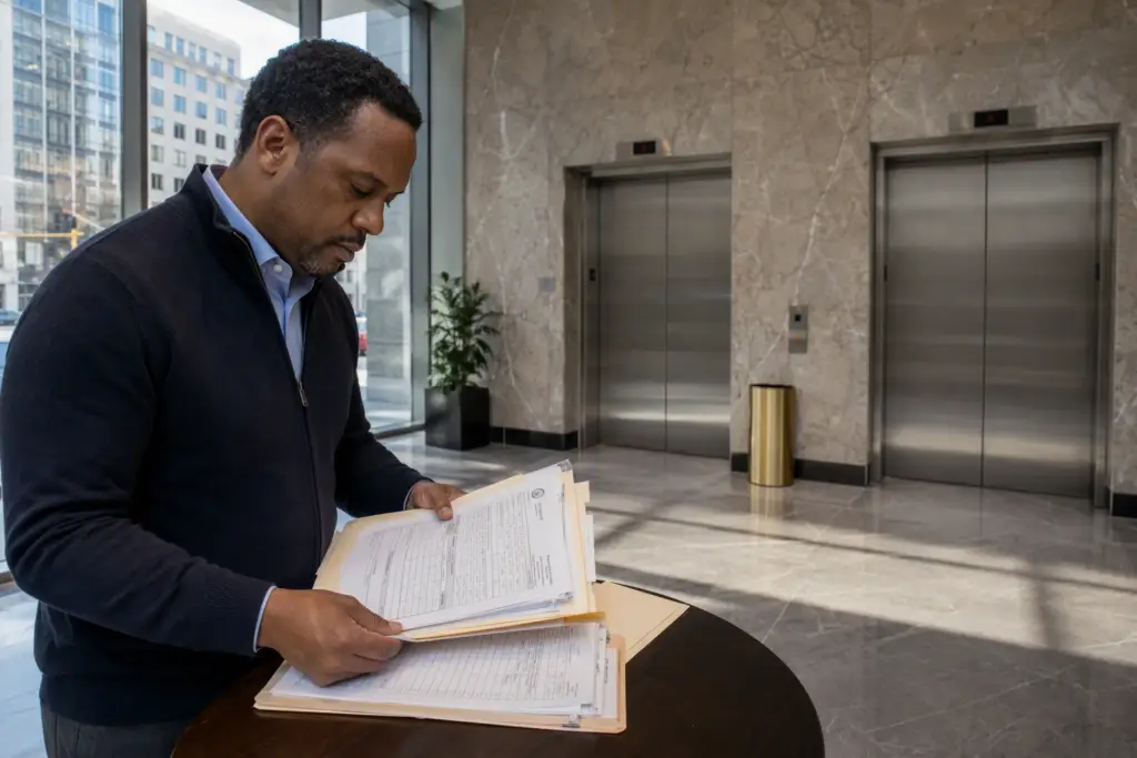 Property manager reviewing elevator maintenance records and inspection certificates in a Baltimore commercial building lobby before switching elevator maintenance companies