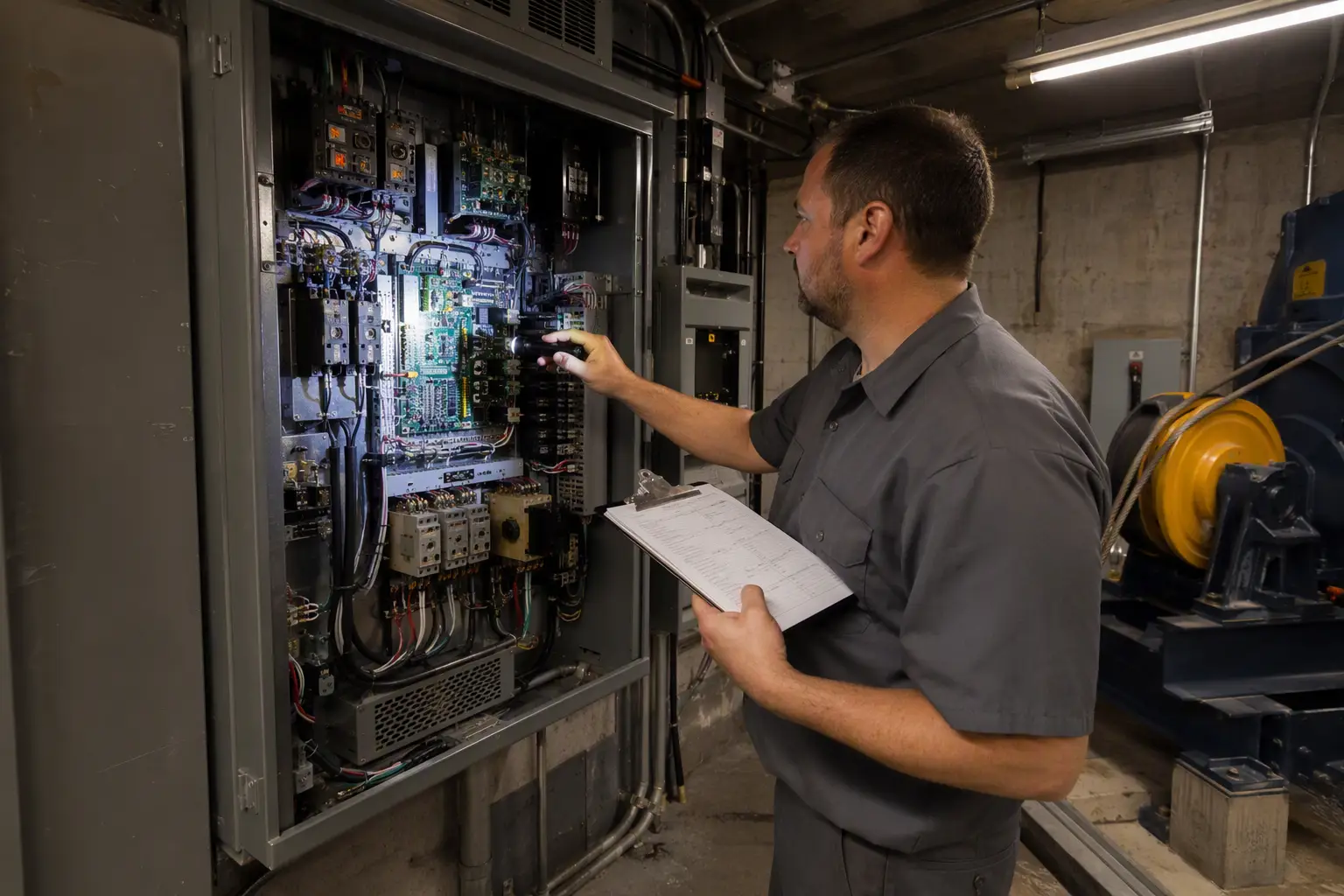 Third-Party Machine Room Condition Assessment Licensed elevator technician inspecting machine room controller during a third-party condition assessment before a warranty-safe elevator maintenance company switch in Philadelphia