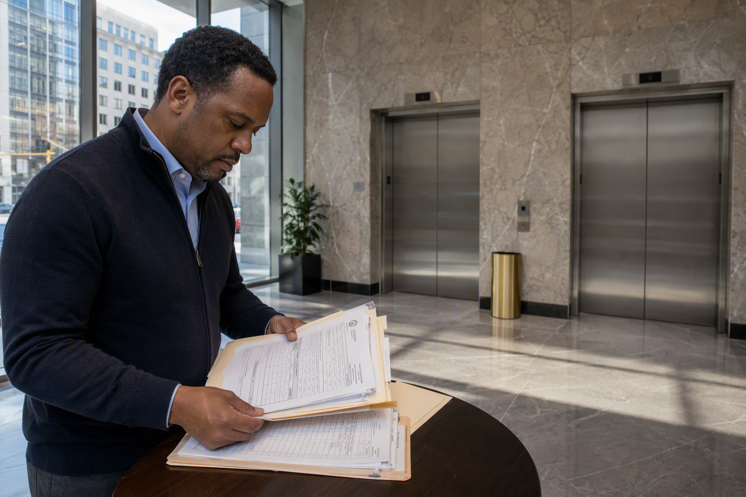 Reviewing Elevator Records Before Switching Providers Property manager reviewing elevator maintenance records and inspection certificates in a Baltimore commercial building lobby before switching elevator maintenance companies