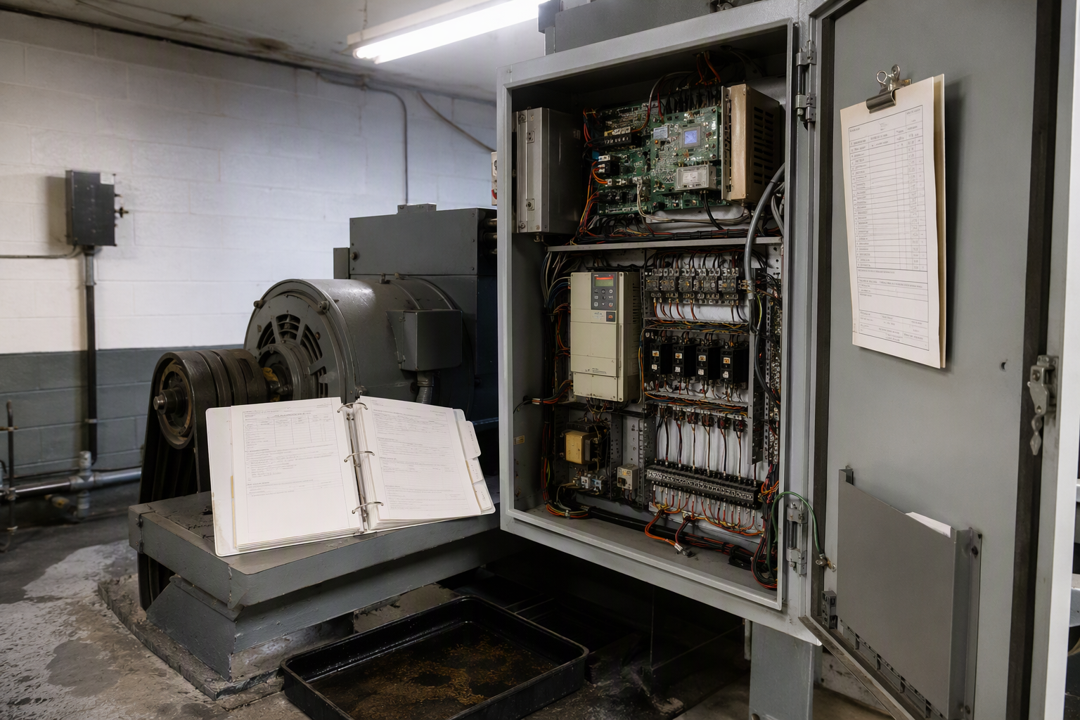Compliance Records Stored in the Machine Room Elevator machine room controller cabinet with inspection records binder showing compliance documents that must be collected before switching elevator service contractors in Maryland