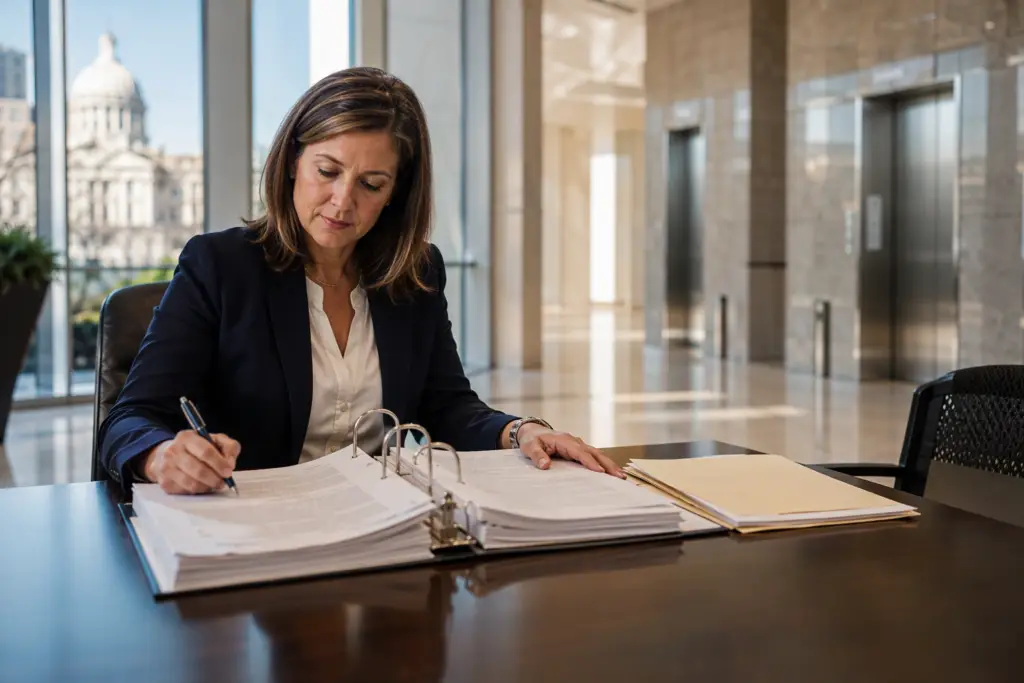 Facility manager reviewing elevator service contract and compliance certificate binder at a conference table before switching elevator service companies in Washington DC