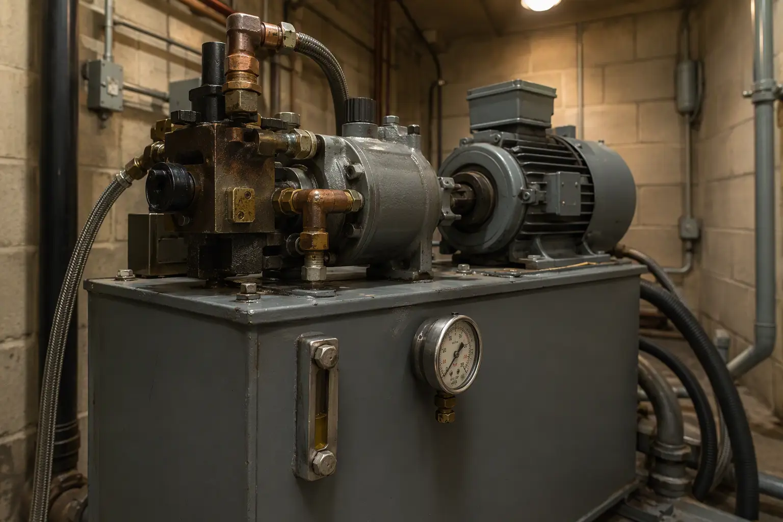 Hydraulic elevator power unit with pump motor, reservoir, and pressurized fluid lines in a low-rise Philadelphia clinic mechanical room, showing how hydraulic systems work