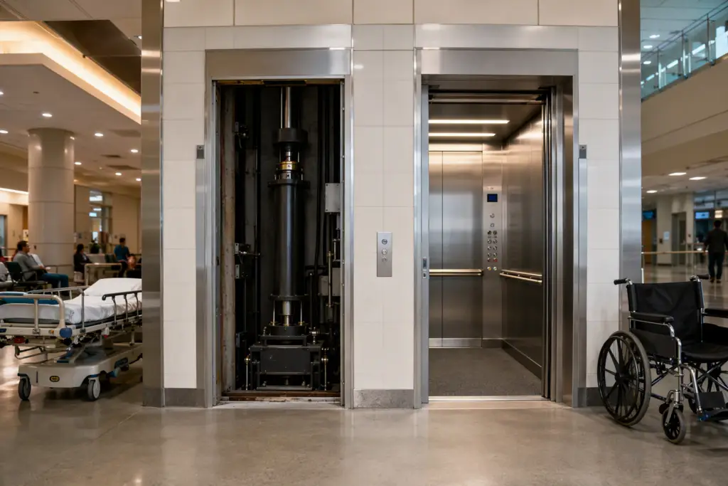 Side-by-side hydraulic and traction elevator bays in a mid-Atlantic hospital lobby, illustrating the core difference between the two elevator types for healthcare buildings