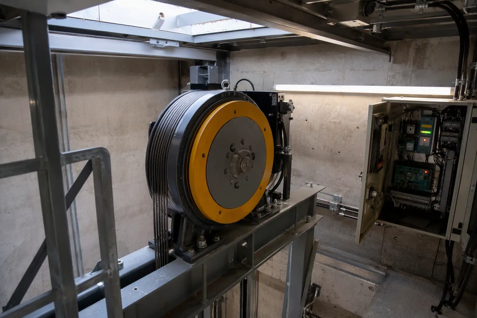 MRL traction elevator gearless drive machine and variable-frequency drive controller installed in a Washington DC medical tower hoistway overhead, illustrating traction system mechanics