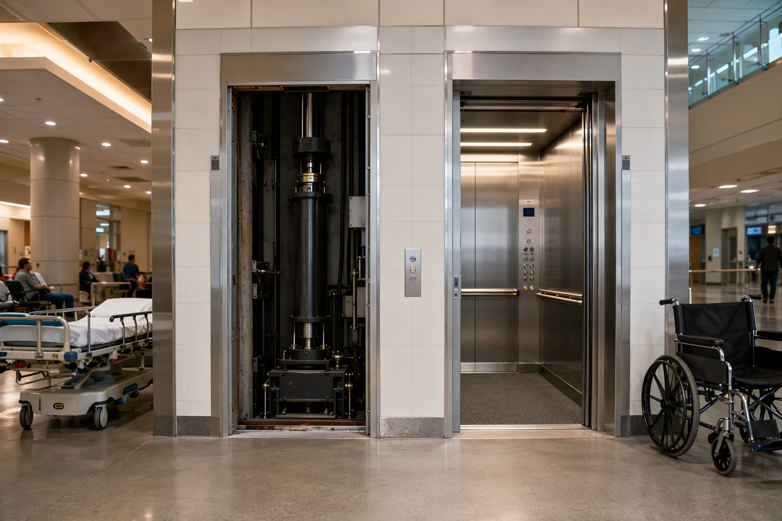 Side-by-side hydraulic and traction elevator bays in a mid-Atlantic hospital lobby, illustrating the core difference between the two elevator types for healthcare buildings