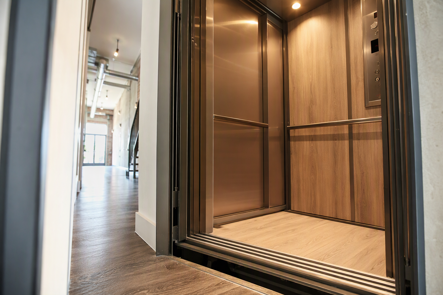 Newly installed hydraulic elevator cab interior in a retrofitted low-rise Philadelphia commercial building showing stainless doors and wood-grain finishes