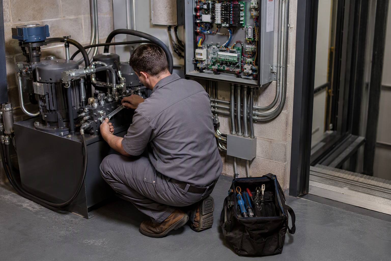Licensed elevator mechanic servicing hydraulic power unit and controller in machine room of a retrofitted Washington DC or Richmond commercial building