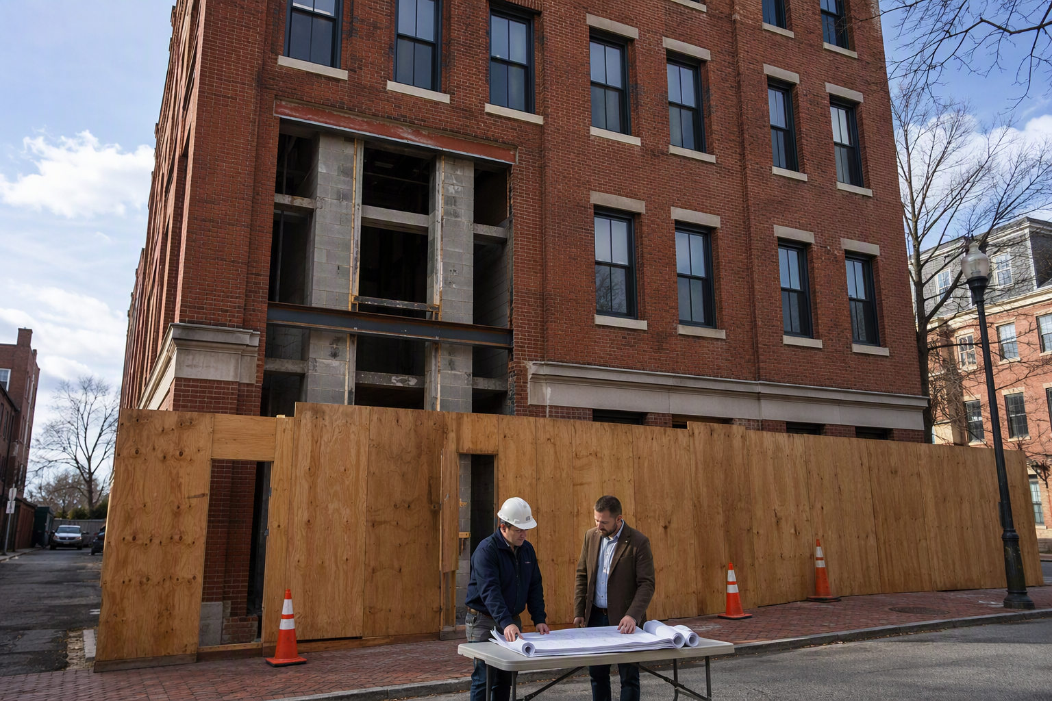 Structural engineer and building owner reviewing retrofit elevator installation plans outside a 4-story brick commercial building in Baltimore, MD