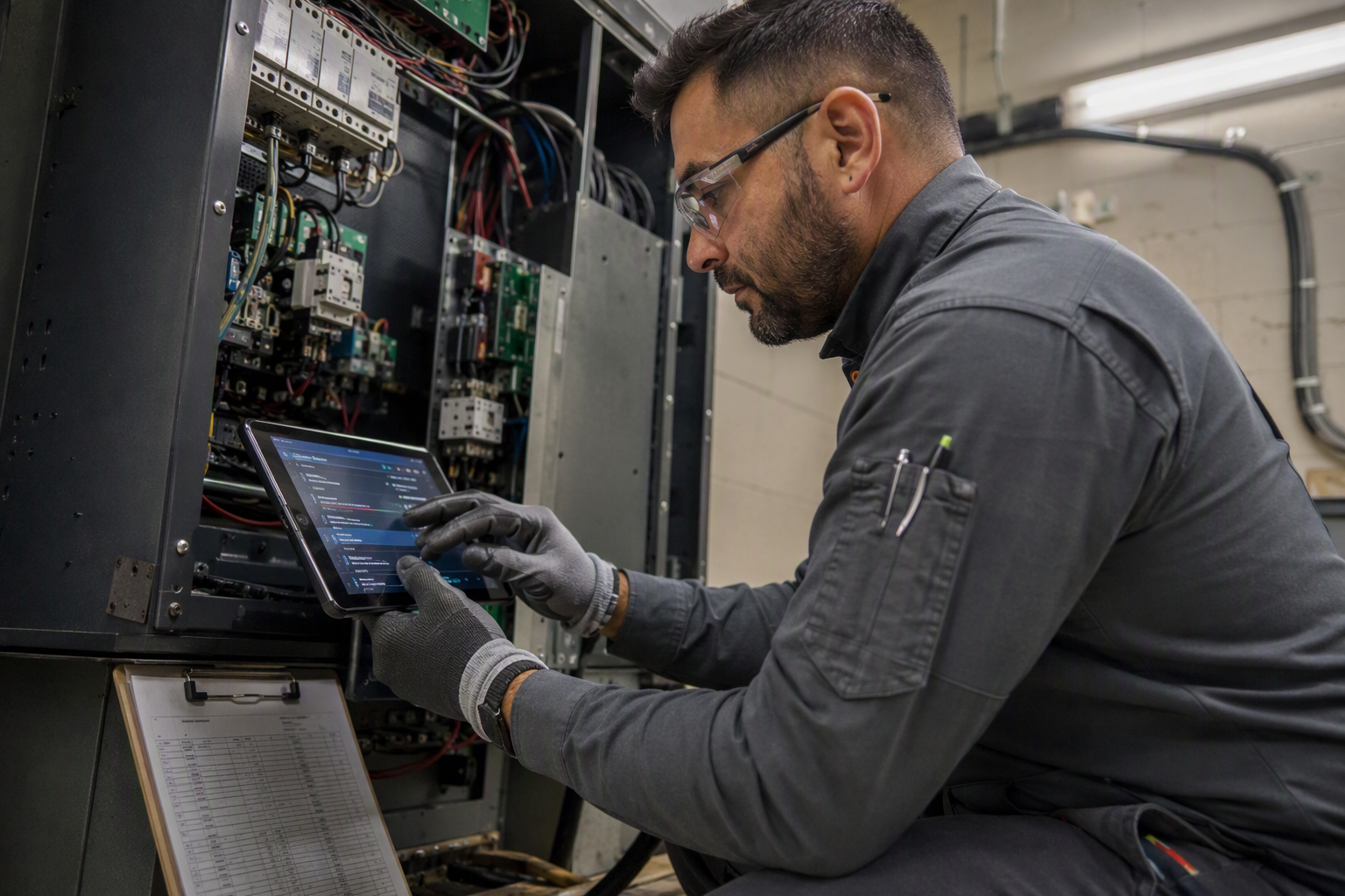 Technician Diagnosing Elevator Controller Fault Codes Certified elevator technician diagnosing a fault code in a machine room controller cabinet in Baltimore during an emergency elevator repair call