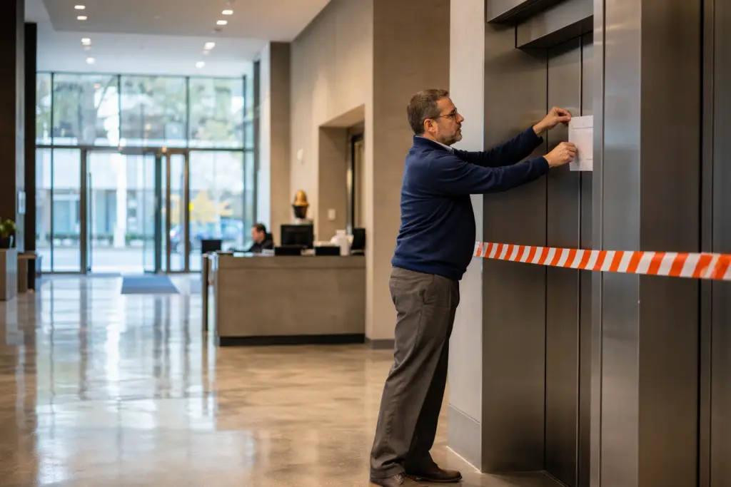 Building manager posting an out-of-service elevator notice in a Washington DC commercial lobby to notify tenants during elevator downtime and repairs