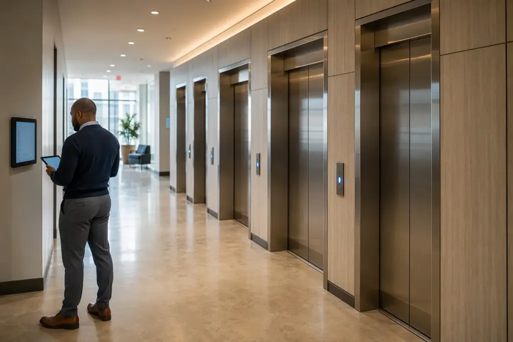 Building manager reviewing a compliance tablet in front of a bank of four commercial elevators in a Washington DC mid-rise office building corridor