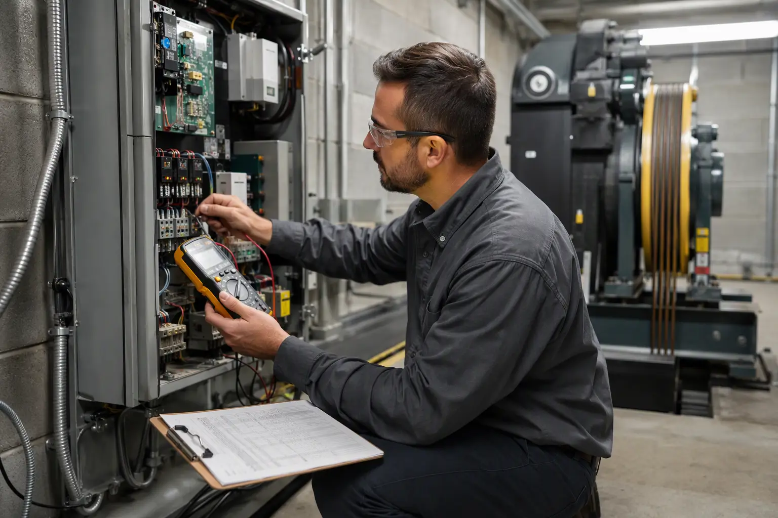 Machine-Room Controller Inspection Elevator technician inspecting controller cabinet wiring in a commercial machine room during a multi-elevator portfolio service visit in the Baltimore Maryland area