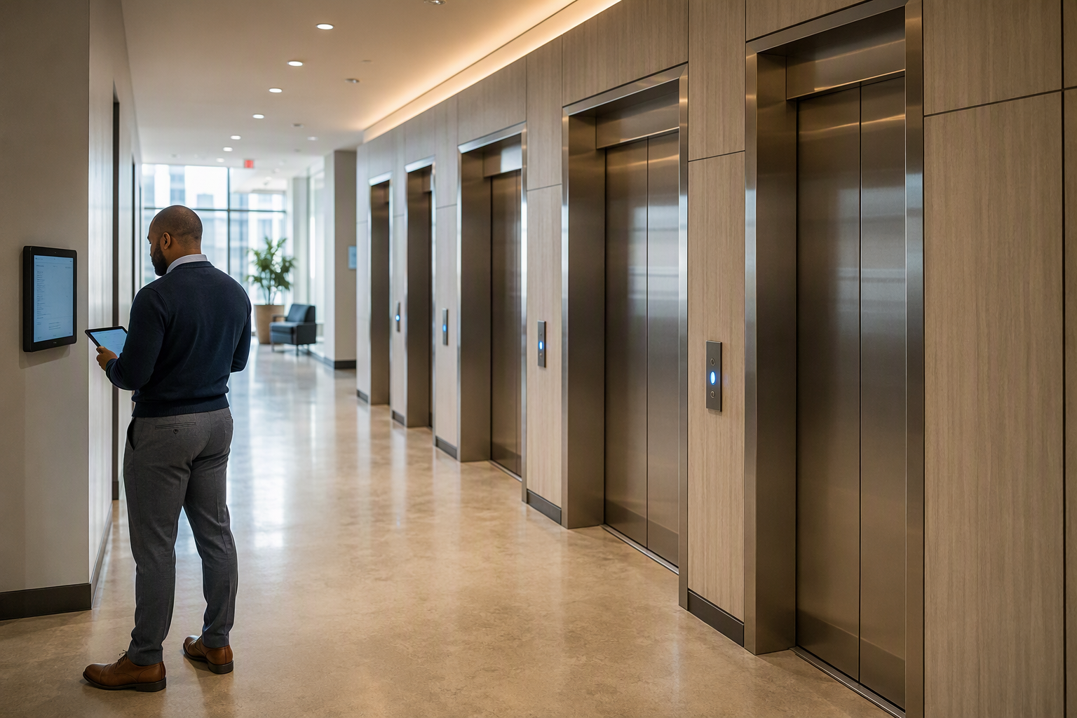 Multi-Elevator Portfolio Oversight Building manager reviewing a compliance tablet in front of a bank of four commercial elevators in a Washington DC mid-rise office building corridor