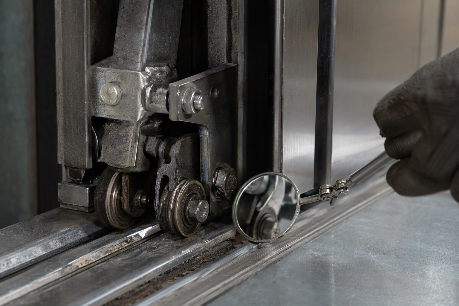 Close-up of worn elevator door track rollers during inspection — deteriorated door components are the leading cause of elevator outages in commercial and residential buildings