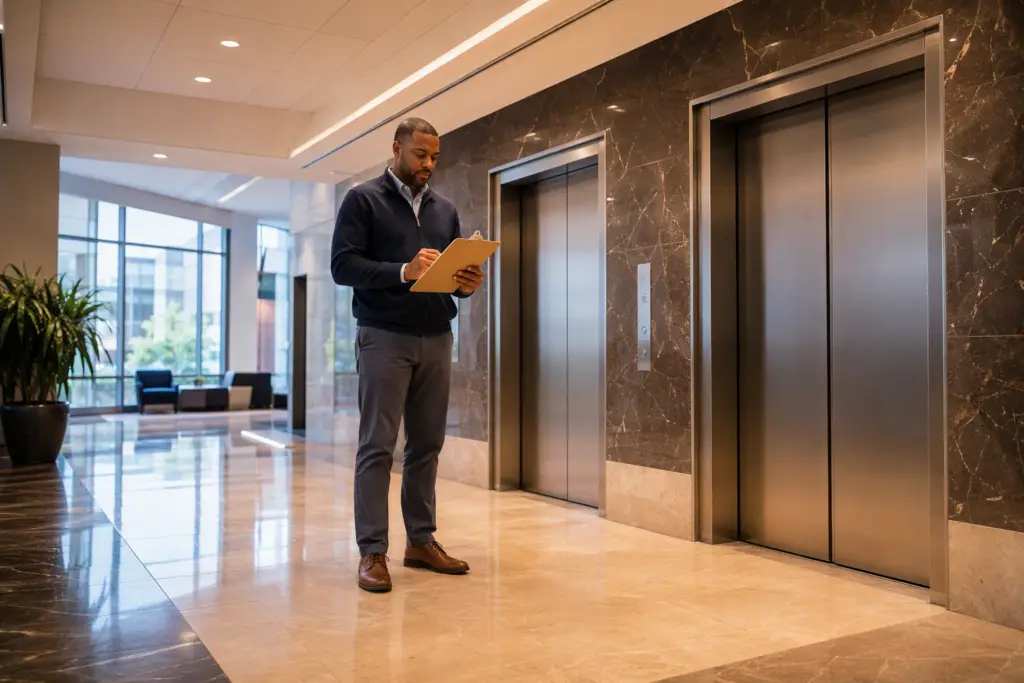 Facilities manager reviewing an elevator maintenance checklist in a Washington DC office building lobby — a key step in preventing common elevator breakdowns