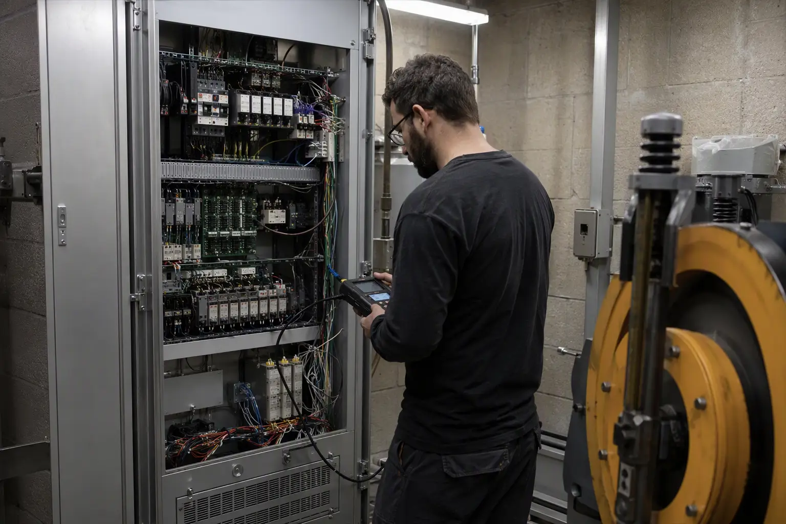 Elevator technician running diagnostics on an aging control panel in a Philadelphia building machine room — deferred maintenance on control systems is a top cause of elevator breakdowns