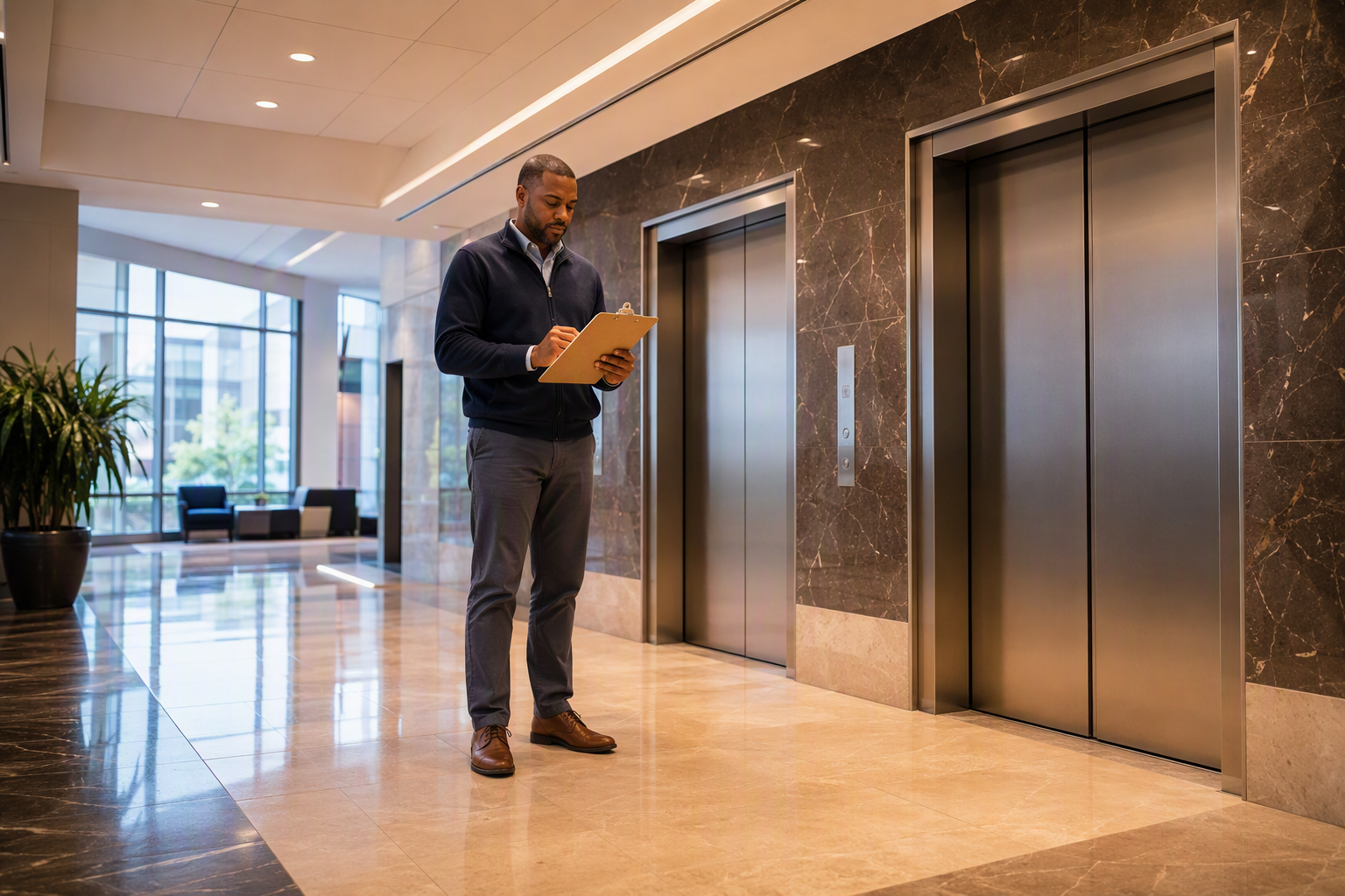 Facilities manager reviewing an elevator maintenance checklist in a Washington DC office building lobby — a key step in preventing common elevator breakdowns