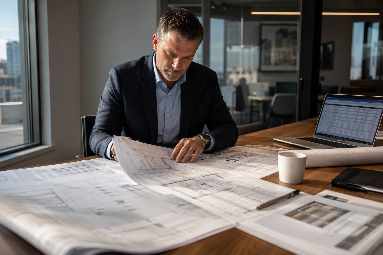 Reviewing Elevator Installation Cost Factors Building manager reviewing commercial elevator installation cost estimates and architectural shaft drawings at a conference table in a DC area office