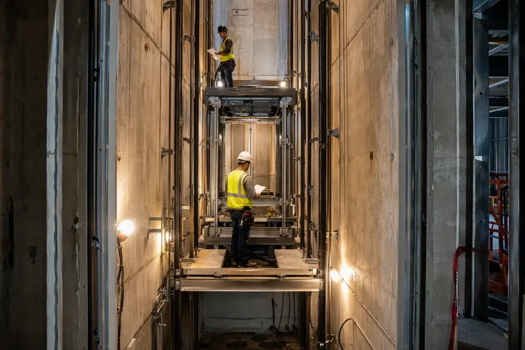 New commercial elevator traction system being installed inside a mid-rise office building hoistway, showing guide rails, car frame, and mechanics at work