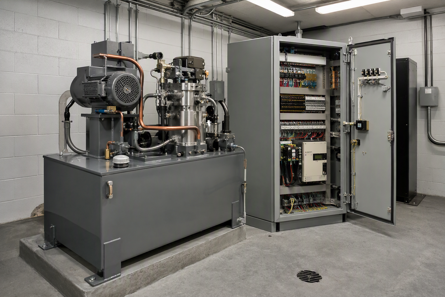 Hydraulic vs. Traction Elevator Equipment Costs Commercial elevator machine room showing hydraulic power unit and traction controller cabinet, illustrating equipment cost differences by elevator type