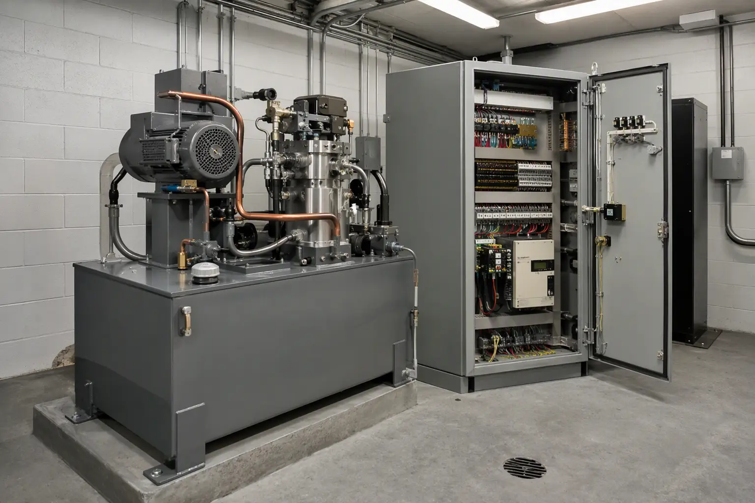 Hydraulic vs. Traction Elevator Equipment Costs Commercial elevator machine room showing hydraulic power unit and traction controller cabinet, illustrating equipment cost differences by elevator type