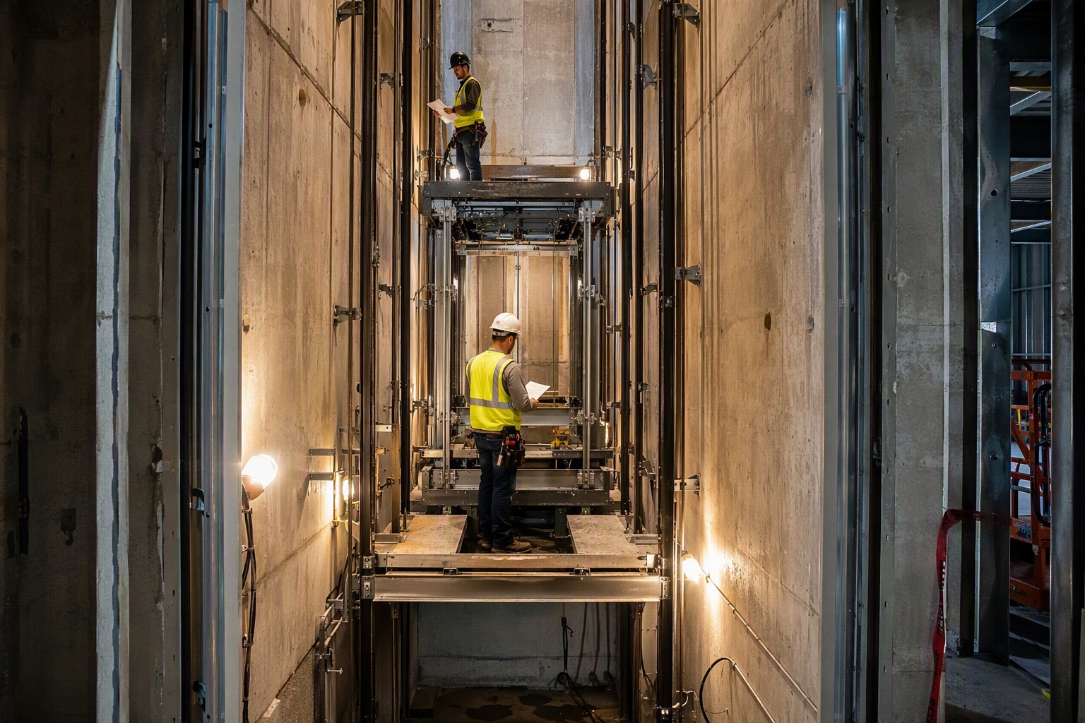 Commercial Elevator Installation in Progress New commercial elevator traction system being installed inside a mid-rise office building hoistway, showing guide rails, car frame, and mechanics at work