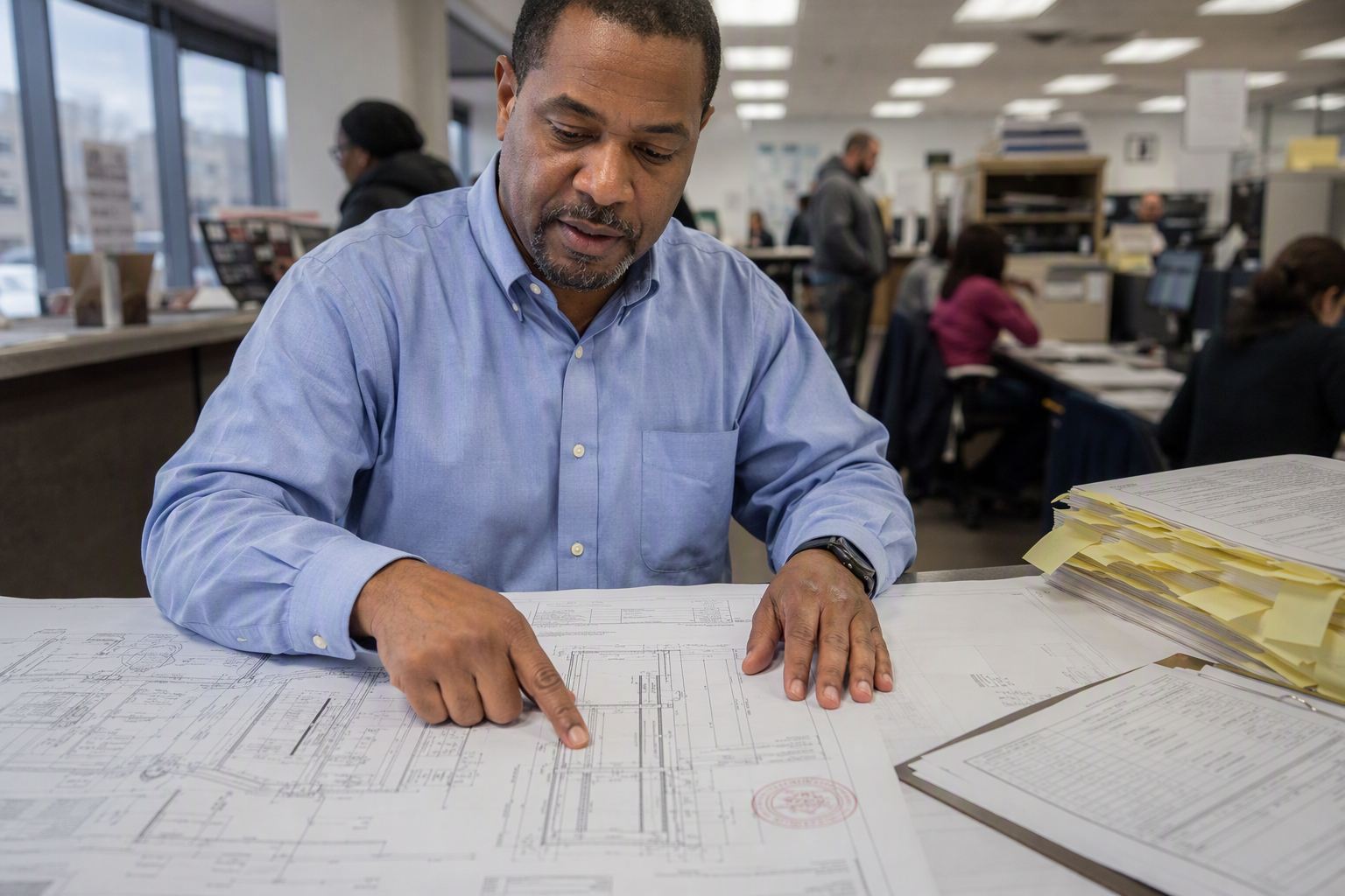 Plan reviewer examines commercial elevator permit drawings at a municipal building department office, illustrating the permit approval phase of a new elevator installation timeline.