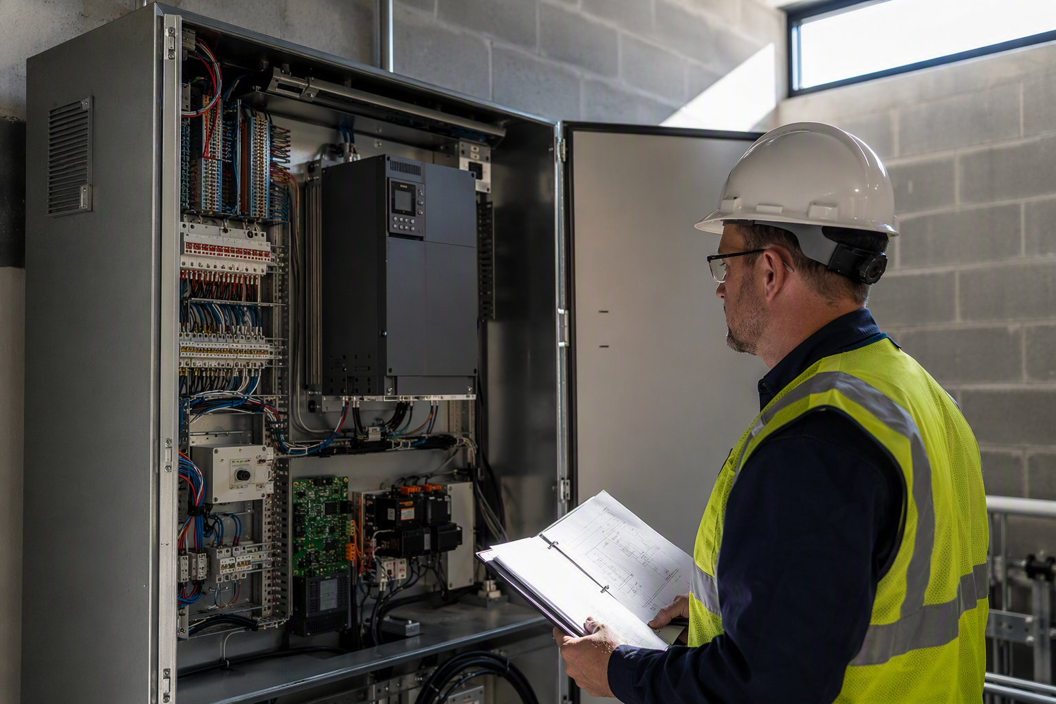 Final Elevator Inspection Before Certificate Issuance Elevator inspector reviews a newly installed traction elevator controller during a final inspection in a commercial building machine room before the operating certificate is issued.